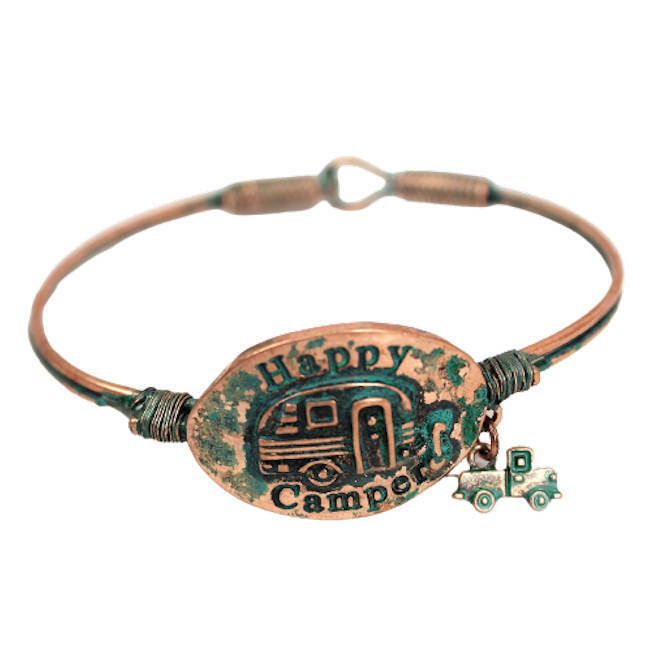 Happy Camper Bracelet New Copper Patina Vintage Rv Travel Trailer Jewelry